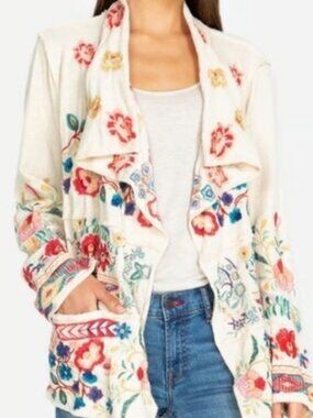Johnny Was Biya Embroidered Krisly Wrap Cardigan Cream Rainbow